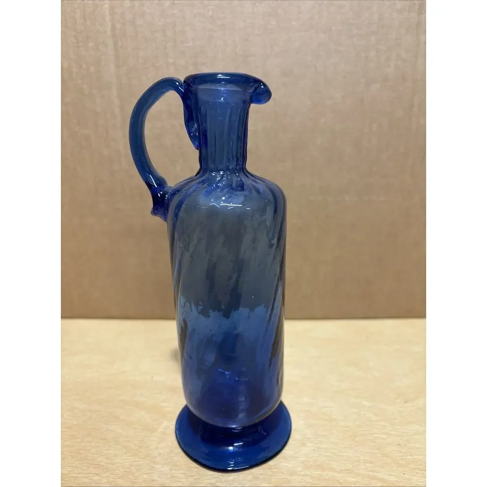 Hand-Blown Blue Glass Pitcher Vase With Handle 8.75” Tall